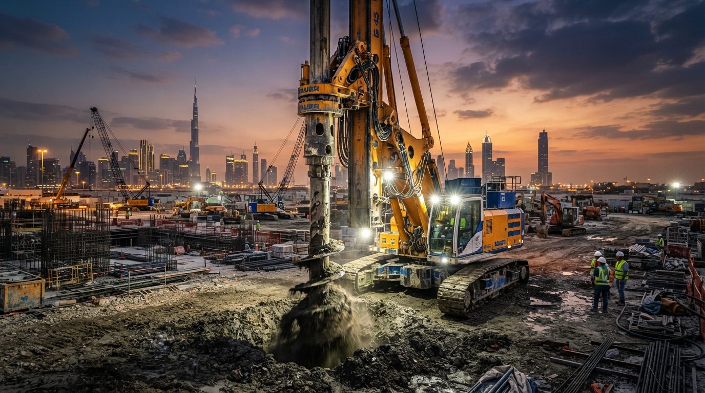 Rotary piling rig drilling a bored pile on a Dubai construction site at dusk