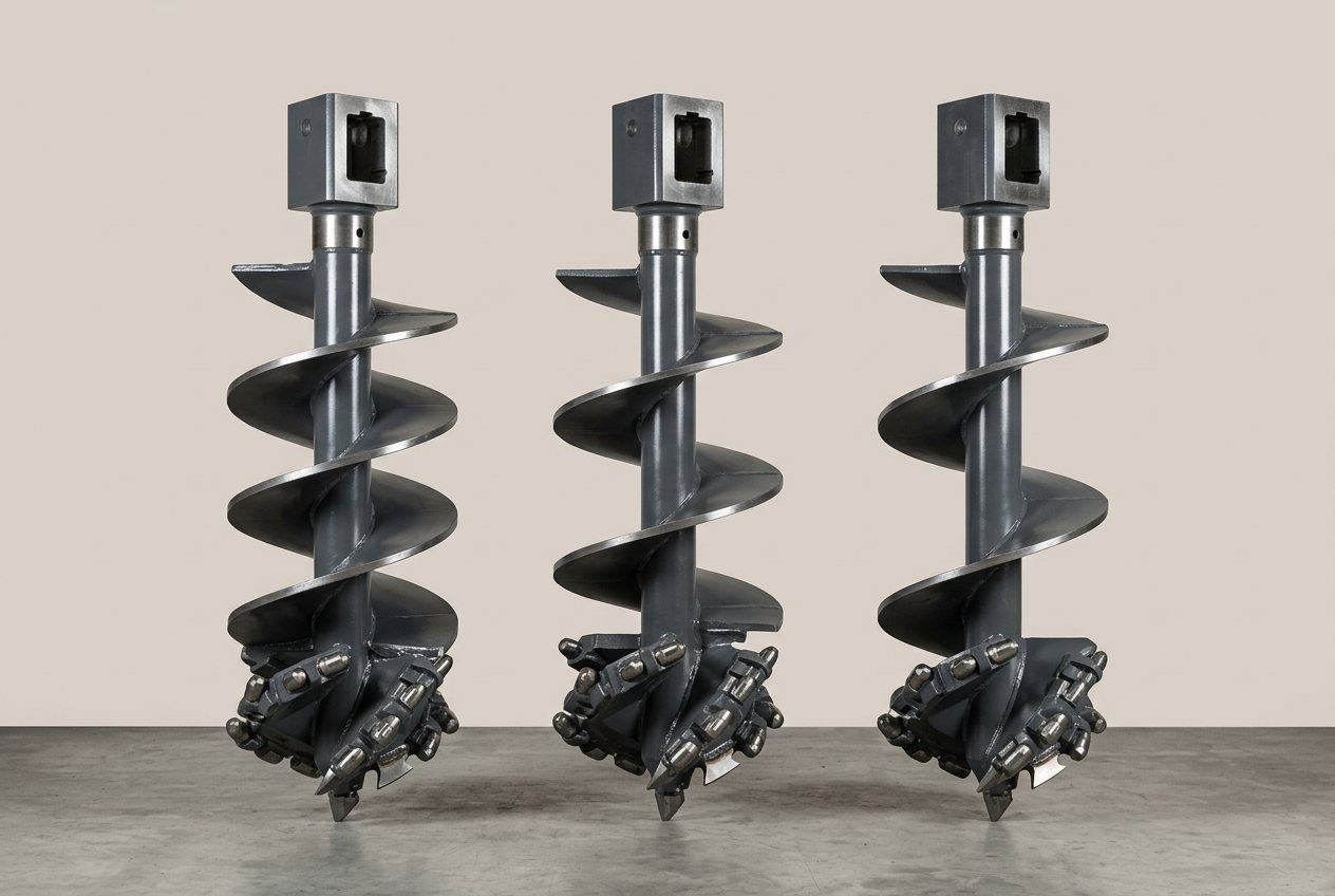 Three grey rock augers with carbide teeth