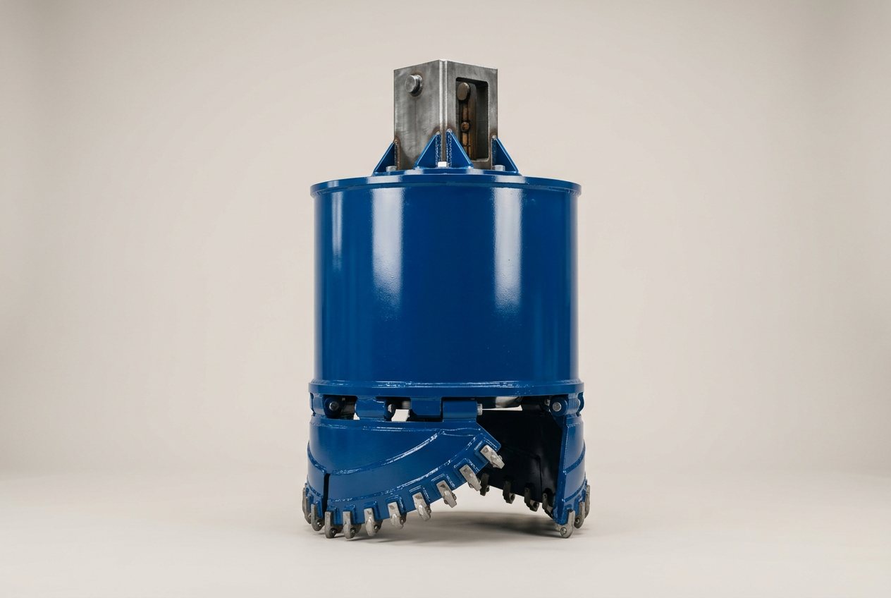 Blue drilling bucket with cutting teeth
