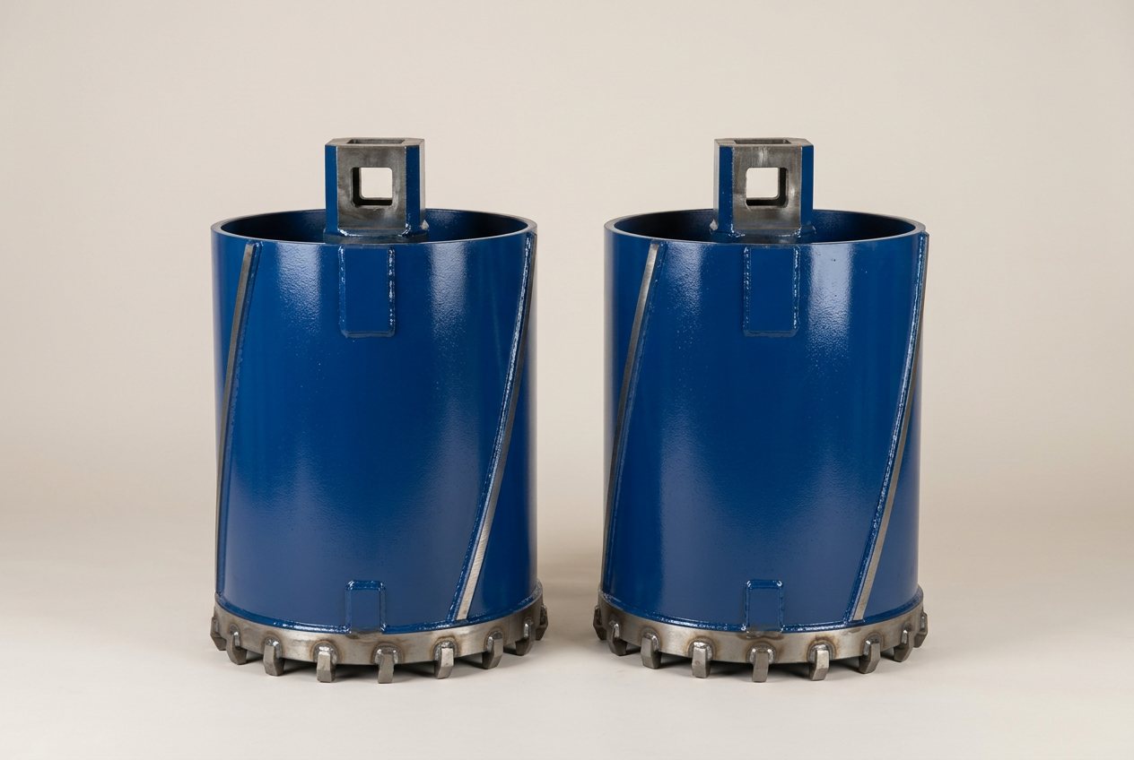 Two blue core barrels with carbide cutting teeth