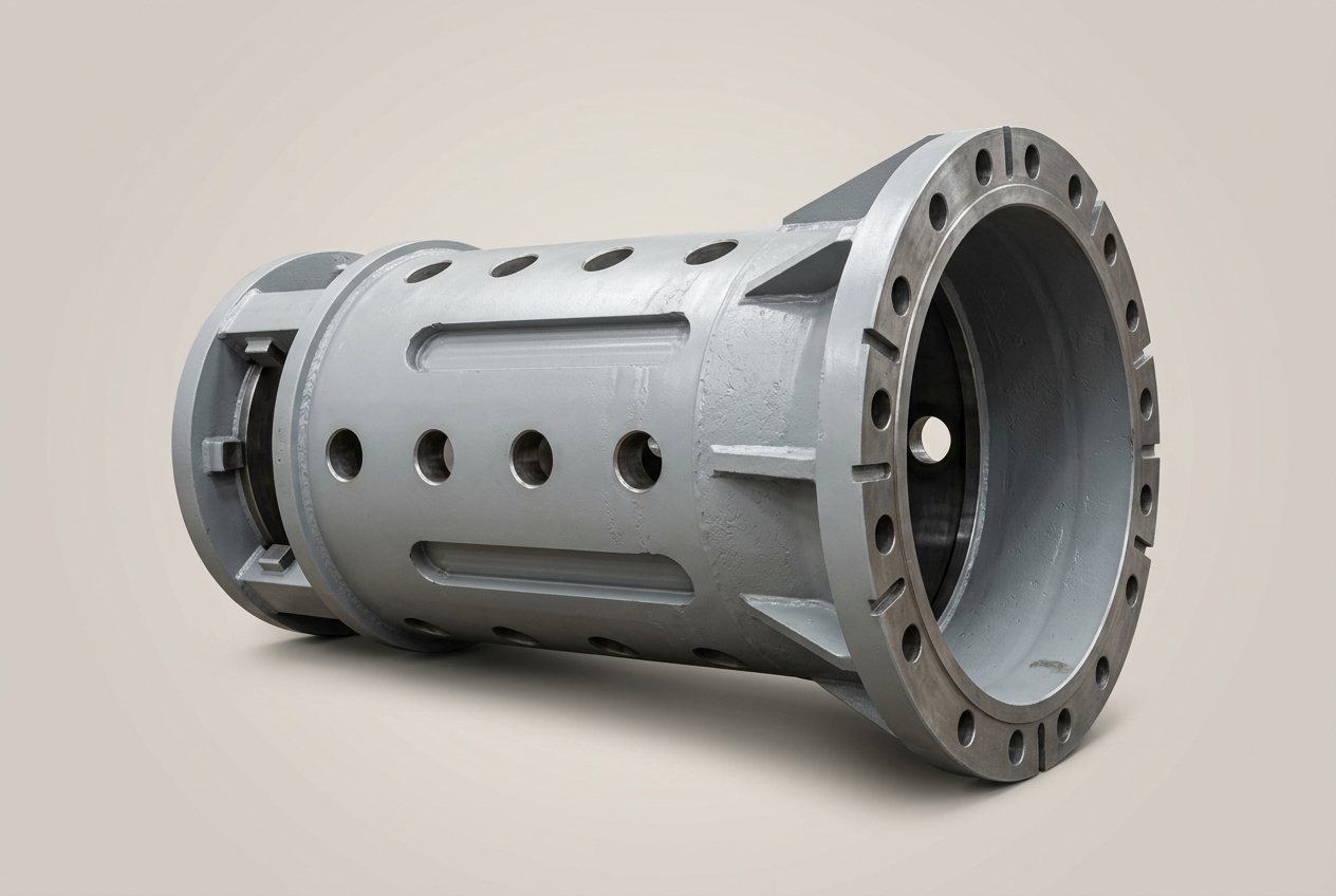 Grey casing adapter with pin holes and flange