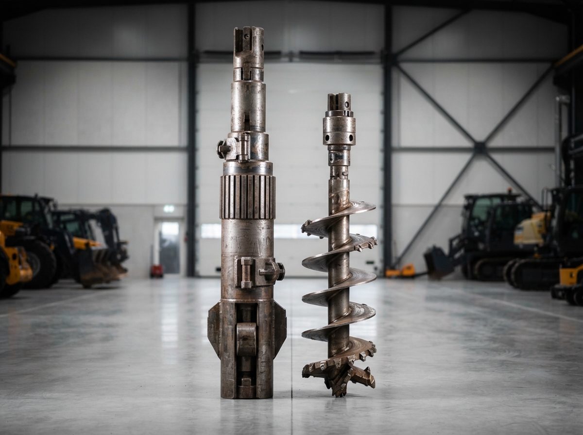Kelly bar adapter and rock auger standing in a warehouse